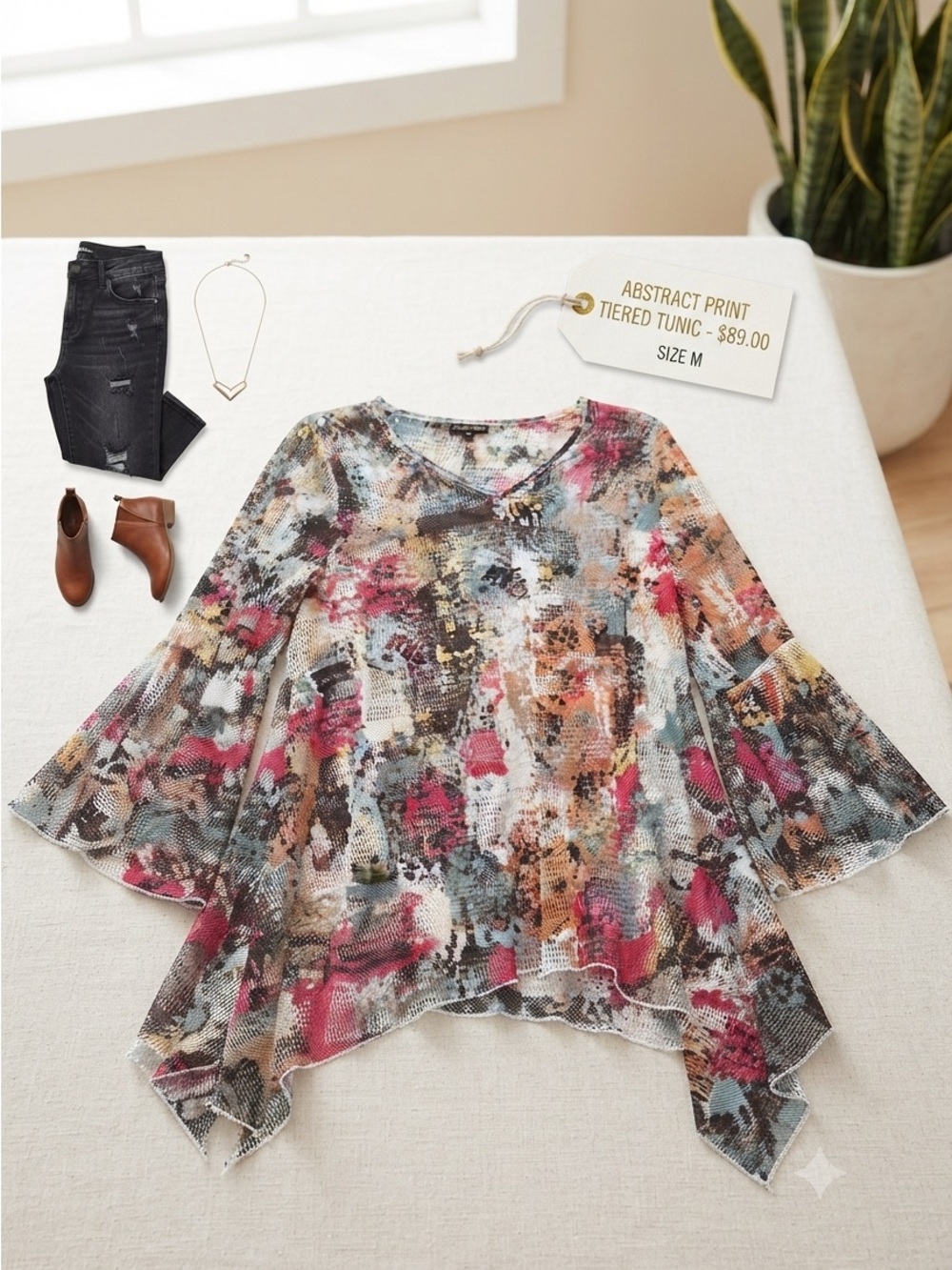 Abstract Multicolor Tiered V-Neck Tunic Top - Multi